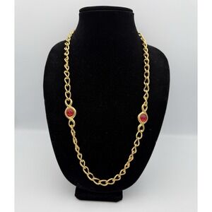 1980s Napier 27" Polished Gld Plate Link Chain w/ Dbl Sided Ruby Resin Cabachons